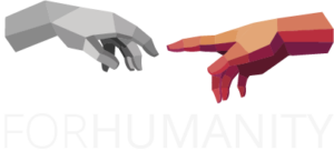 The logo of the For Humanity Center featuring two digital hands, one human one android nearly touching, based on Michaelangelo's image of Adam and God in the Sistine Chapel. http://forhumanity.center/